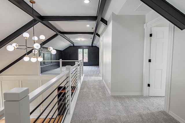 1935 E Canterbury St, Springfield, MO 65804 - corridor featuring light carpet, recessed lighting, a chandelier, an upstairs landing, and baseboards