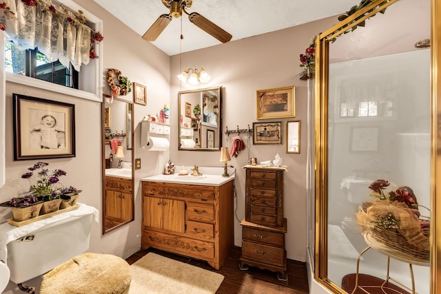 3152 Two Rivers Rd, Highlandville, MO 65669 - bathroom featuring ceiling fan, a shower stall, wood finished floors, and vanity