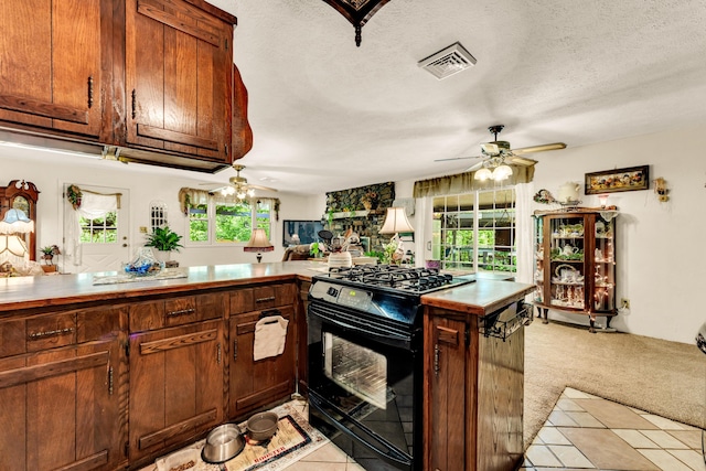 3152 Two Rivers Rd, Highlandville, MO 65669 - kitchen with black range with gas cooktop, a ceiling fan, light carpet, a textured ceiling, and light countertops