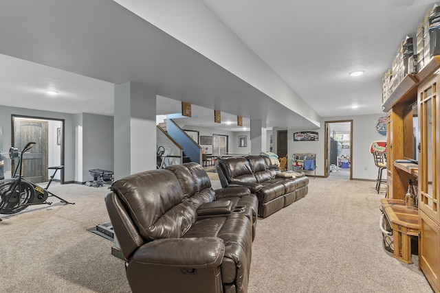 45 Stone Ridge Ct, Strafford, MO 65757 - carpeted living area with baseboards, recessed lighting, and stairway