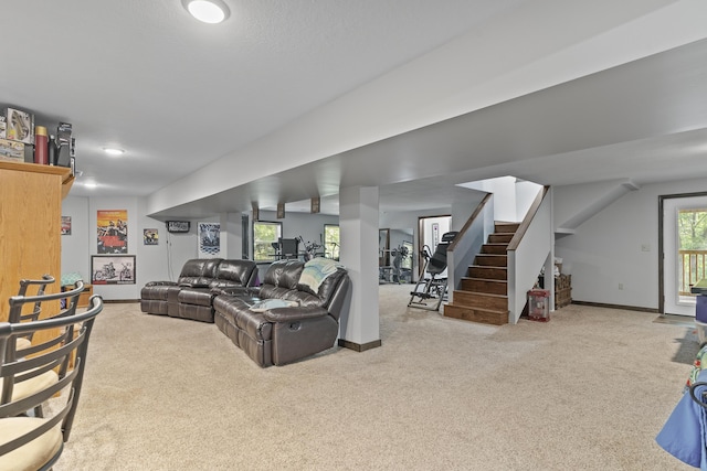 45 Stone Ridge Ct, Strafford, MO 65757 - carpeted living room with stairs and baseboards
