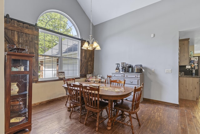 45 Stone Ridge Ct, Strafford, MO 65757 - dining space featuring high vaulted ceiling, wood-type flooring, a chandelier, and plenty of natural light