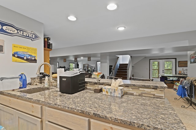 45 Stone Ridge Ct, Strafford, MO 65757 - kitchen with a sink, open floor plan, dark stone countertops, and recessed lighting