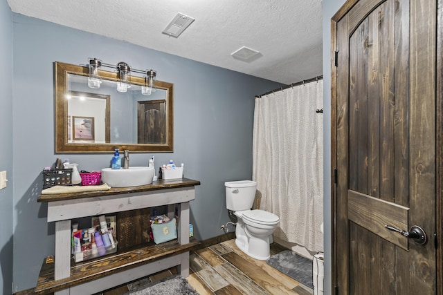45 Stone Ridge Ct, Strafford, MO 65757 - bathroom featuring wood finished floors, toilet, a textured ceiling, vanity, and a shower with shower curtain