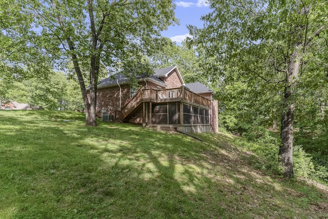 45 Stone Ridge Ct, Strafford, MO 65757 - rear view of property with a sunroom, a yard, brick siding, stairs, and a deck