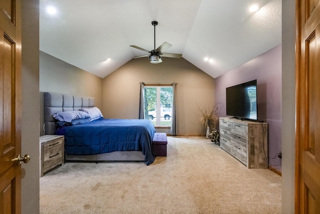 1166 W Shawnee St, Springfield, MO 65810 - bedroom featuring light carpet, vaulted ceiling, and a ceiling fan