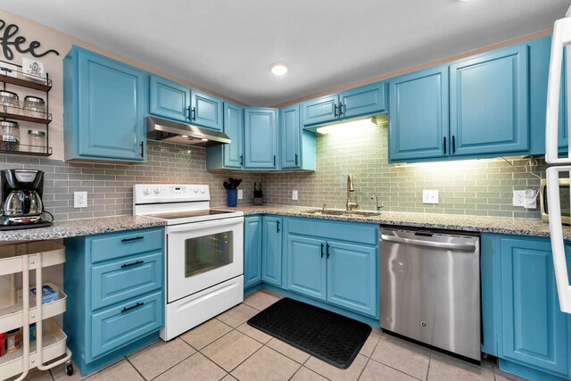 301 Lake Dr, Branson, MO 65616 - kitchen with dishwasher, under cabinet range hood, white electric range oven, a sink, and blue cabinetry