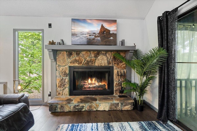 91 Moongate Dr, Osage Beach, MO 65065 - living area featuring a fireplace, wood finished floors, and a textured ceiling