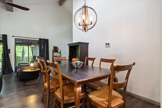 91 Moongate Dr, Osage Beach, MO 65065 - dining area with wood finished floors, high vaulted ceiling, beamed ceiling, a ceiling fan, and a chandelier