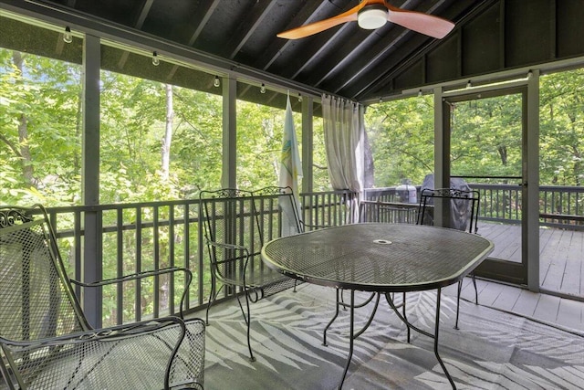 91 Moongate Dr, Osage Beach, MO 65065 - sunroom / solarium with ceiling fan, outdoor dining space, and lofted ceiling