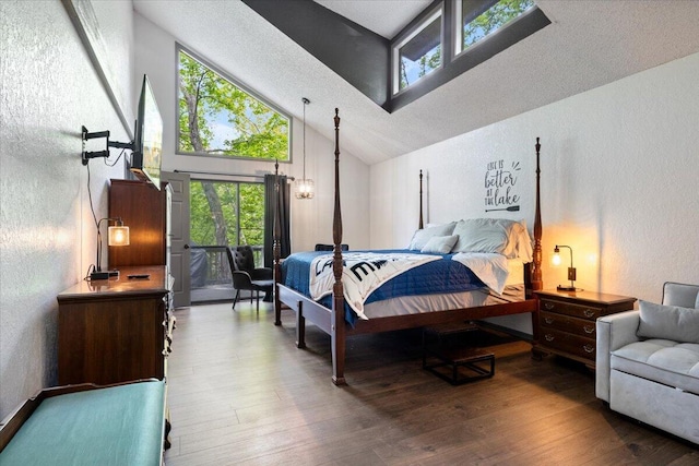 91 Moongate Dr, Osage Beach, MO 65065 - bedroom featuring a textured wall, high vaulted ceiling, and wood finished floors