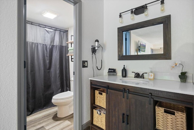 91 Moongate Dr, Osage Beach, MO 65065 - bathroom with toilet, vanity, wood finished floors, and curtained shower