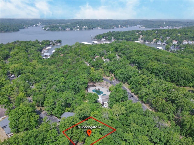 91 Moongate Dr, Osage Beach, MO 65065 - aerial view of property's location featuring a nearby body of water, a heavily wooded area, and property parcel outlined