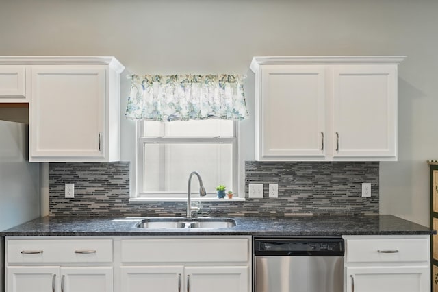 233 Siena Blvd, Branson, MO 65616 - kitchen featuring dishwasher, a sink, white cabinetry, and decorative backsplash