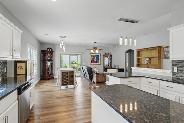 233 Siena Blvd, Branson, MO 65616 - kitchen with stainless steel dishwasher, arched walkways, light wood-style floors, and white cabinets