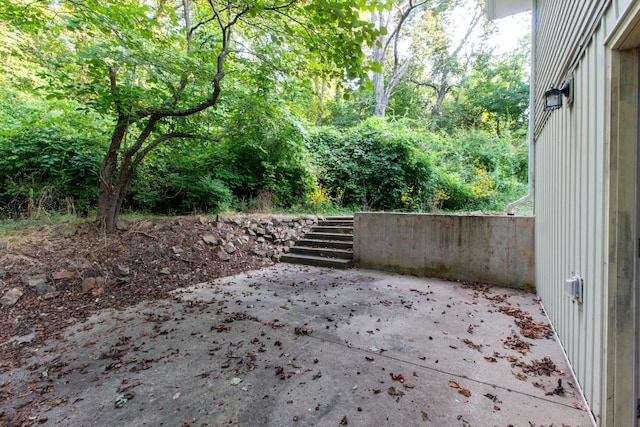 5312 S Hawthorne Dr, Springfield, MO 65804 - view of patio / terrace with a forest view and stairs