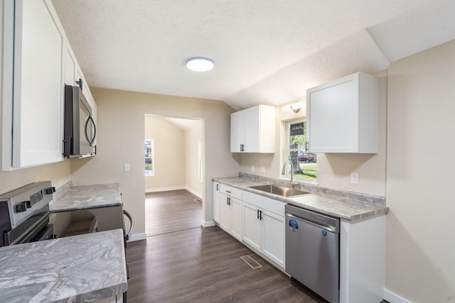 1827 N Tyler Ave, Springfield, MO 65802 - kitchen with stainless steel appliances, a sink, white cabinets, dark wood finished floors, and vaulted ceiling