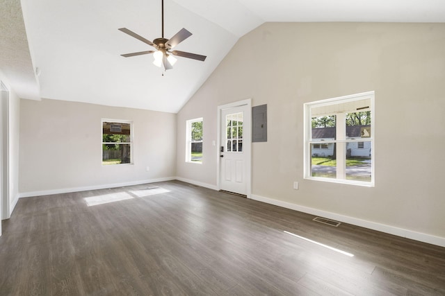 1827 N Tyler Ave, Springfield, MO 65802 - unfurnished living room featuring high vaulted ceiling, a ceiling fan, electric panel, dark wood-style flooring, and baseboards