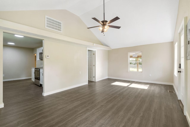 1827 N Tyler Ave, Springfield, MO 65802 - unfurnished living room featuring high vaulted ceiling, ceiling fan, dark wood-style flooring, and baseboards