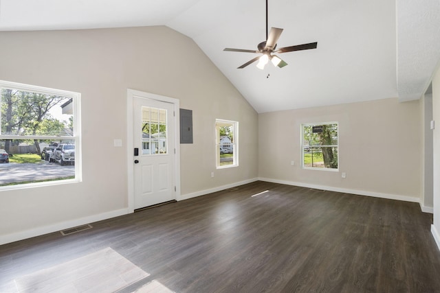 1827 N Tyler Ave, Springfield, MO 65802 - unfurnished living room featuring electric panel, ceiling fan, high vaulted ceiling, dark wood-type flooring, and baseboards