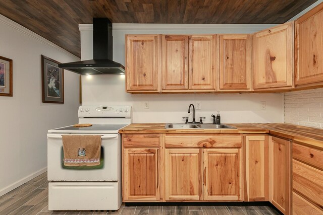 296 Lodgepole Dr, Ozark, MO 65721 - kitchen featuring white range with electric cooktop, wall chimney exhaust hood, a sink, ornamental molding, and butcher block counters