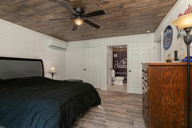 296 Lodgepole Dr, Ozark, MO 65721 - bedroom with an AC wall unit, brick wall, wood ceiling, ornamental molding, and wood finished floors