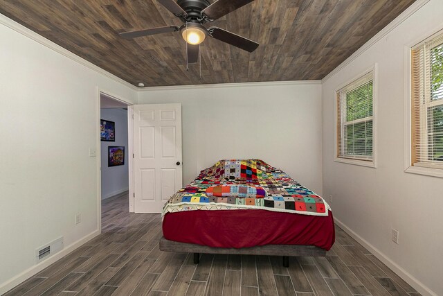296 Lodgepole Dr, Ozark, MO 65721 - bedroom featuring ornamental molding, dark wood-style floors, baseboards, wood ceiling, and a ceiling fan