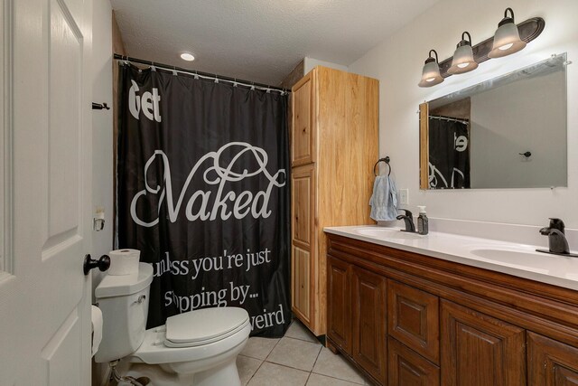 296 Lodgepole Dr, Ozark, MO 65721 - bathroom with tile patterned flooring, toilet, double vanity, a textured ceiling, and curtained shower