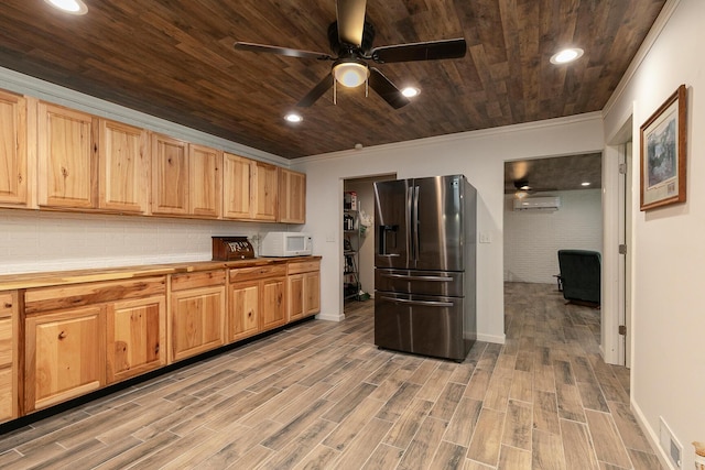 296 Lodgepole Dr, Ozark, MO 65721 - kitchen featuring stainless steel fridge with ice dispenser, white microwave, a ceiling fan, ornamental molding, and light countertops