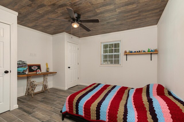 296 Lodgepole Dr, Ozark, MO 65721 - bedroom featuring wood ceiling, crown molding, wood finished floors, baseboards, and ceiling fan