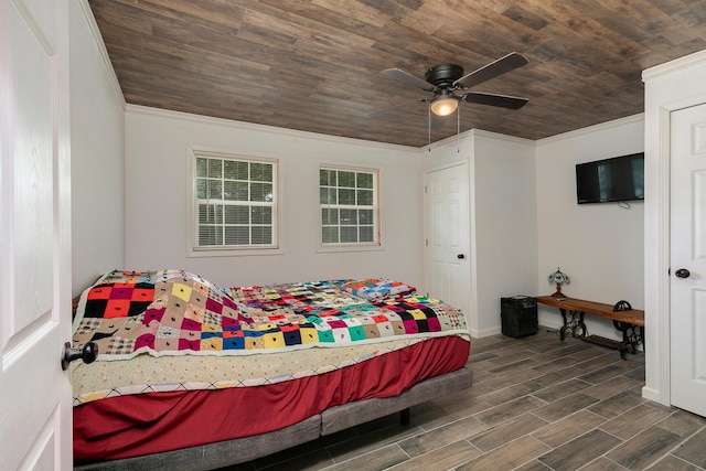 296 Lodgepole Dr, Ozark, MO 65721 - bedroom with crown molding, wooden ceiling, baseboards, dark wood-type flooring, and ceiling fan