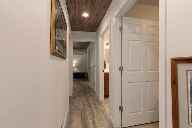 296 Lodgepole Dr, Ozark, MO 65721 - hall featuring light wood-type flooring, baseboards, a wall mounted air conditioner, crown molding, and recessed lighting