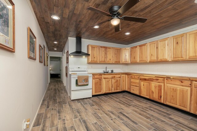 296 Lodgepole Dr, Ozark, MO 65721 - kitchen featuring wall chimney range hood, electric stove, wooden ceiling, a ceiling fan, and dark wood-type flooring