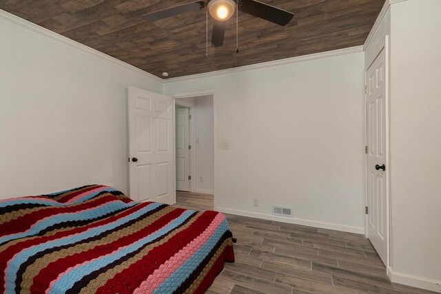 296 Lodgepole Dr, Ozark, MO 65721 - bedroom featuring wood finished floors, a ceiling fan, wooden ceiling, ornamental molding, and baseboards
