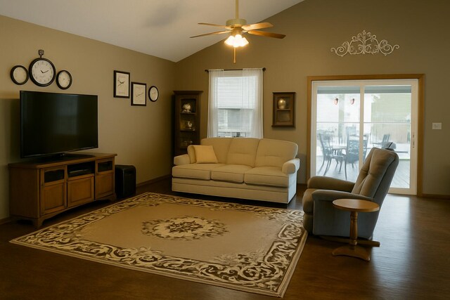 1810 Meadows Dr, Neosho, MO 64850 - living room with ceiling fan, baseboards, vaulted ceiling, and wood finished floors