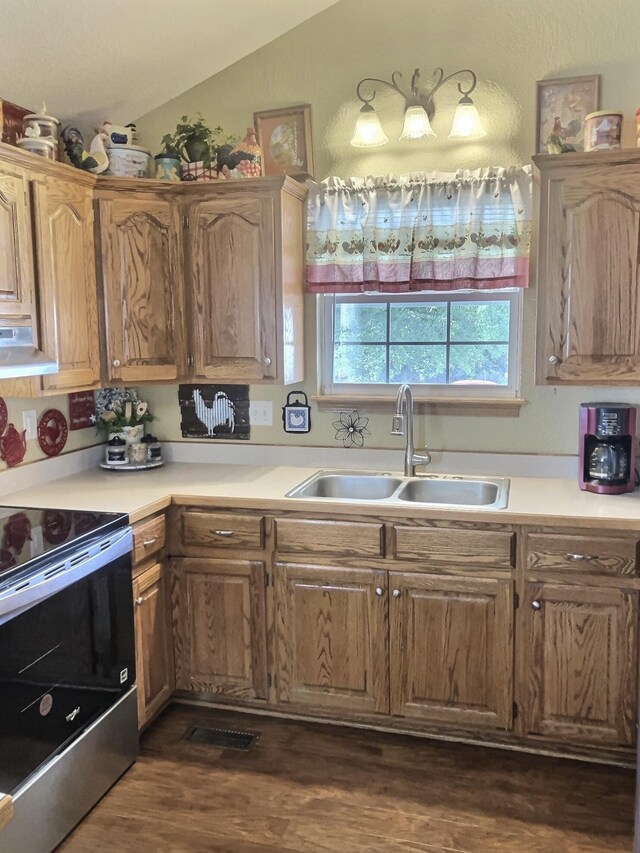 1810 Meadows Dr, Neosho, MO 64850 - kitchen with electric stove, a sink, vaulted ceiling, under cabinet range hood, and dark wood-type flooring