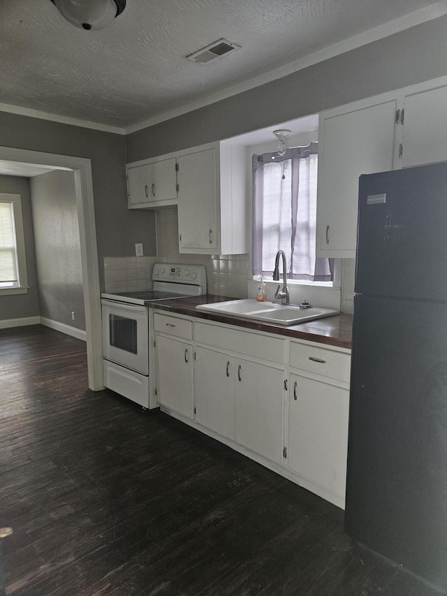 1629 W Webster St, Springfield, MO 65802 - kitchen with freestanding refrigerator, white electric range, a sink, dark wood-style flooring, and a textured ceiling
