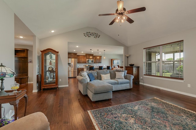 1918 N Brook Hollow Dr, Nixa, MO 65714 - living area with a ceiling fan, dark wood-style floors, lofted ceiling, recessed lighting, and baseboards