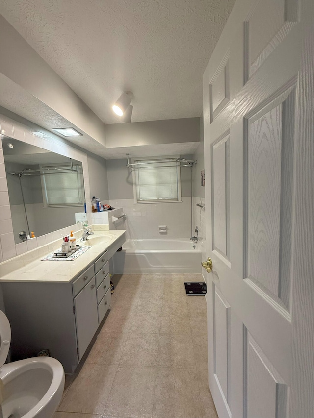 full bath with a shower, a bath, a textured ceiling, vanity, and toilet