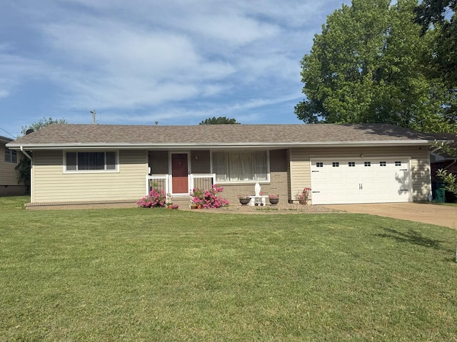 single story home featuring an attached garage, a front yard, driveway, brick siding, and roof with shingles