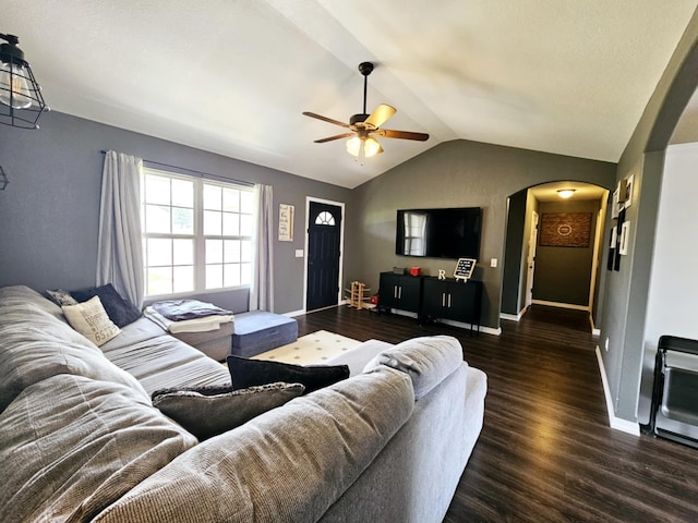 1620 Jon St, West Plains, MO 65775 - living room with a ceiling fan, arched walkways, lofted ceiling, wood finished floors, and baseboards