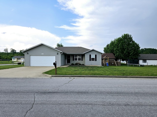 1620 Jon St, West Plains, MO 65775 - single story home featuring an attached garage, driveway, a front yard, a playground, and a trampoline