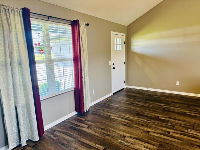 4692 S 125th Rd, Bolivar, MO 65613 - entrance foyer with vaulted ceiling, dark wood-type flooring, baseboards, and healthy amount of natural light
