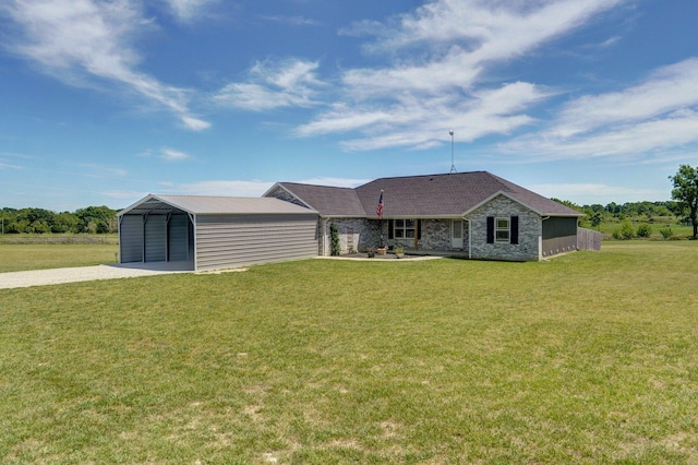 8863 Lawrence Unit 2220, Monett, MO 65708 - back of property with gravel driveway, a yard, a carport, and stone siding