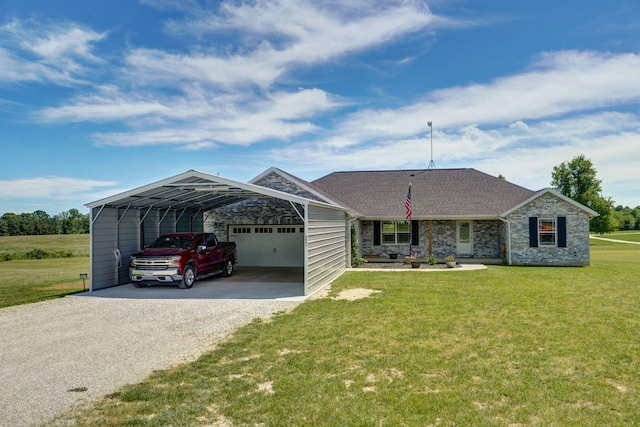 8863 Lawrence Unit 2220, Monett, MO 65708 - ranch-style house featuring gravel driveway, a carport, a garage, a front yard, and stone siding