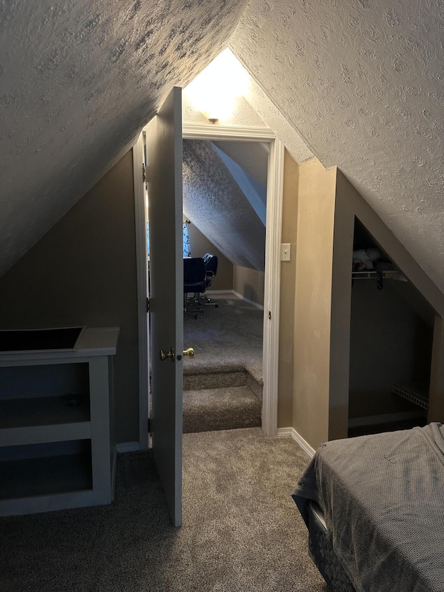 645 N Walnut Ave, Republic, MO 65738 - carpeted bedroom with a textured ceiling, vaulted ceiling, and an office area