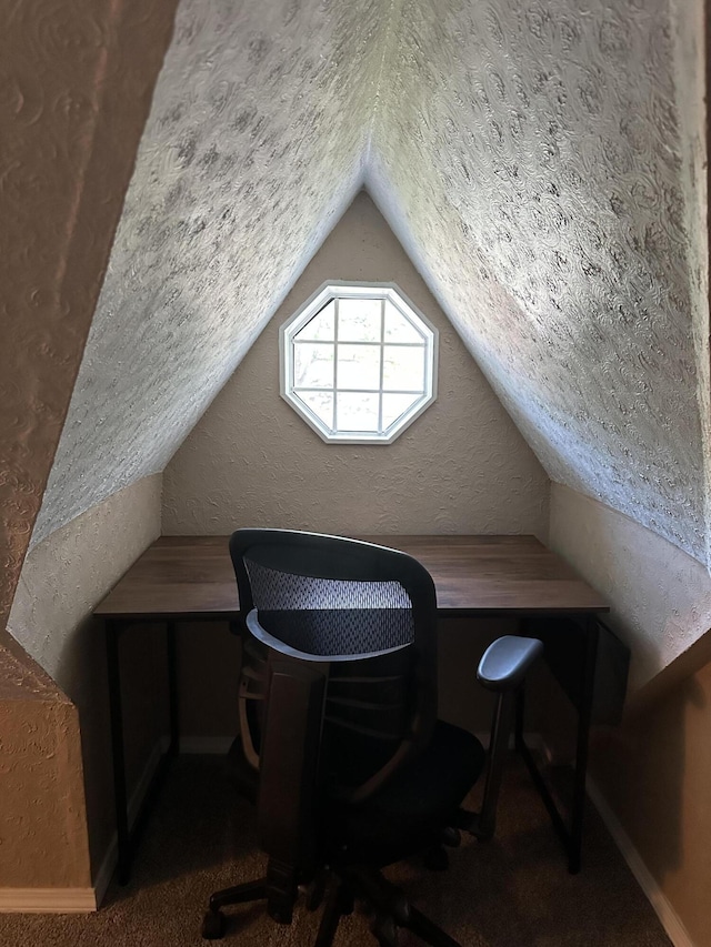 645 N Walnut Ave, Republic, MO 65738 - carpeted office with lofted ceiling, baseboards, and a textured ceiling