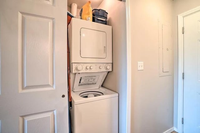 120 Spring Creek Ct Unit 12, Branson, MO 65616 - washroom with stacked washer / drying machine and electric panel