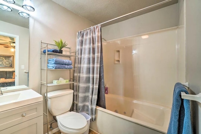 120 Spring Creek Ct Unit 12, Branson, MO 65616 - full bath featuring shower / bathtub combination with curtain, vanity, ceiling fan, toilet, and a textured ceiling