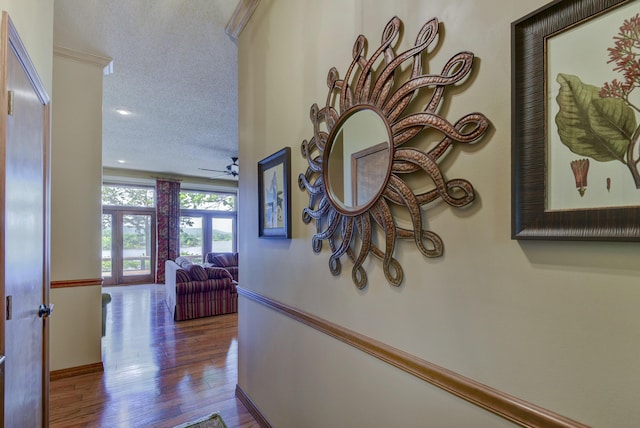 1605 Hideaway Rd, Galena, MO 65656 - hall featuring a textured ceiling, wood finished floors, baseboards, and recessed lighting